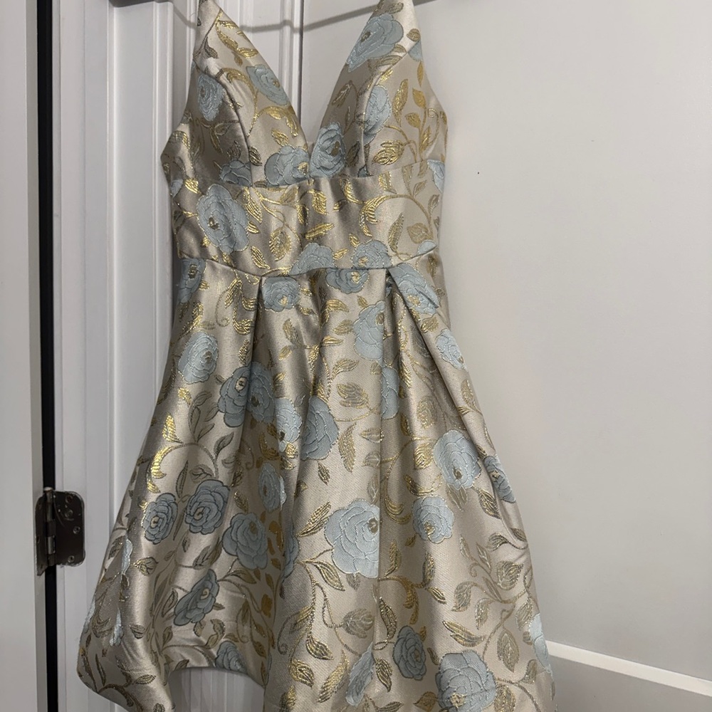 B Darlin Gold and Blue Floral Prom Dress